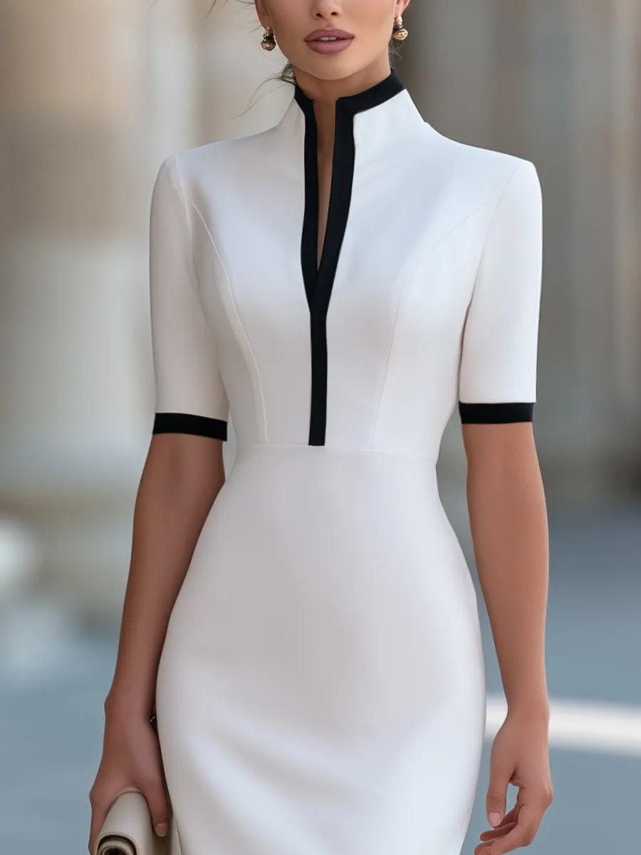 High-Collar Contrast Trim Sheath Midi Dress sold by Mooyius product image thumbnail 2