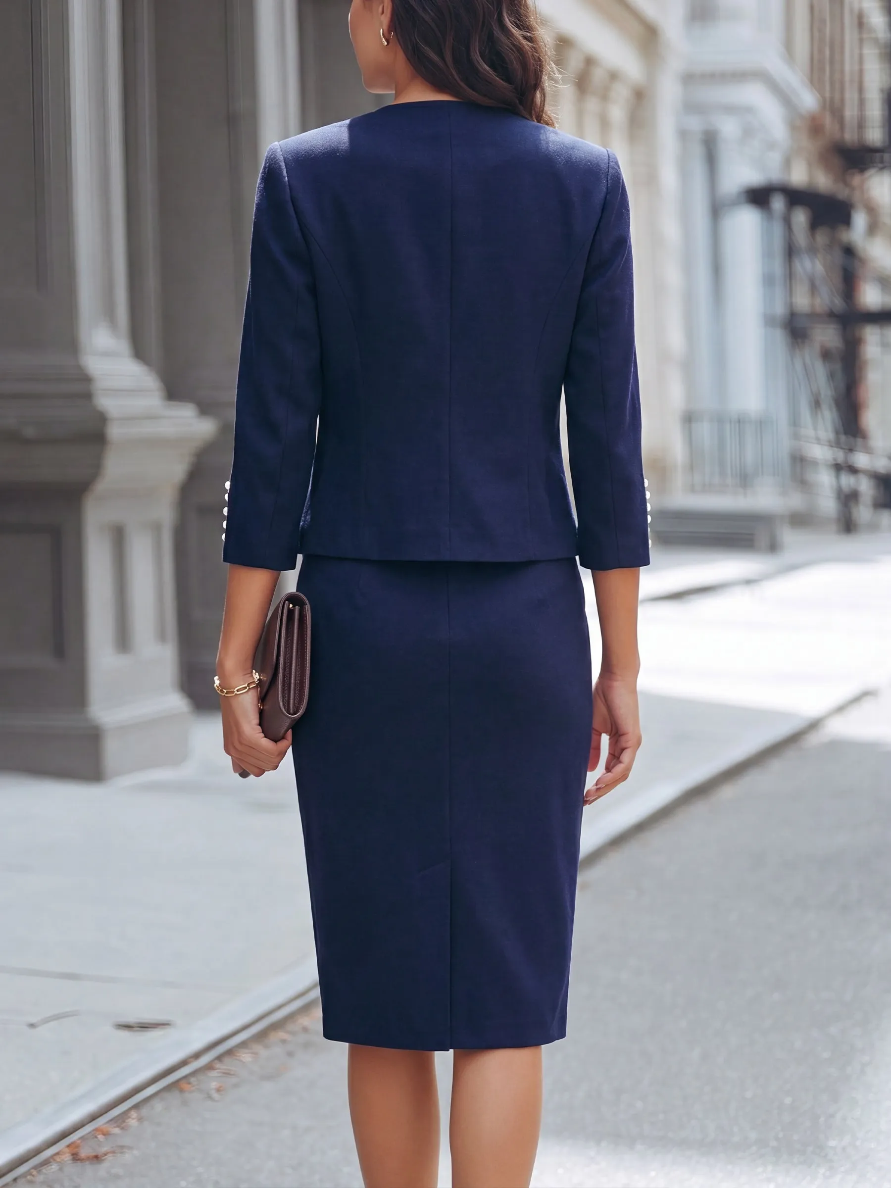 Pearl Button Cropped Jacket & Pencil Dress Tailored Set sold by Mooyius product image thumbnail 2