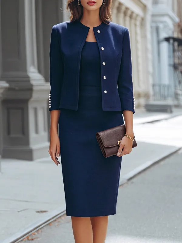 Pearl Button Cropped Jacket & Pencil Dress Tailored Set made by Mooyius