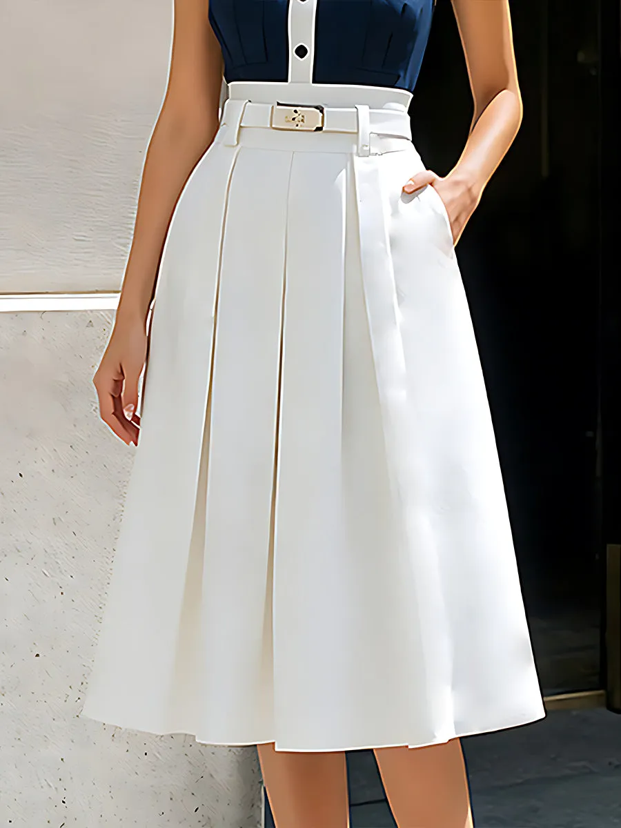 Sleeveless Contrast Bodice Pleated Midi Dress sold by Mooyius product image thumbnail 4