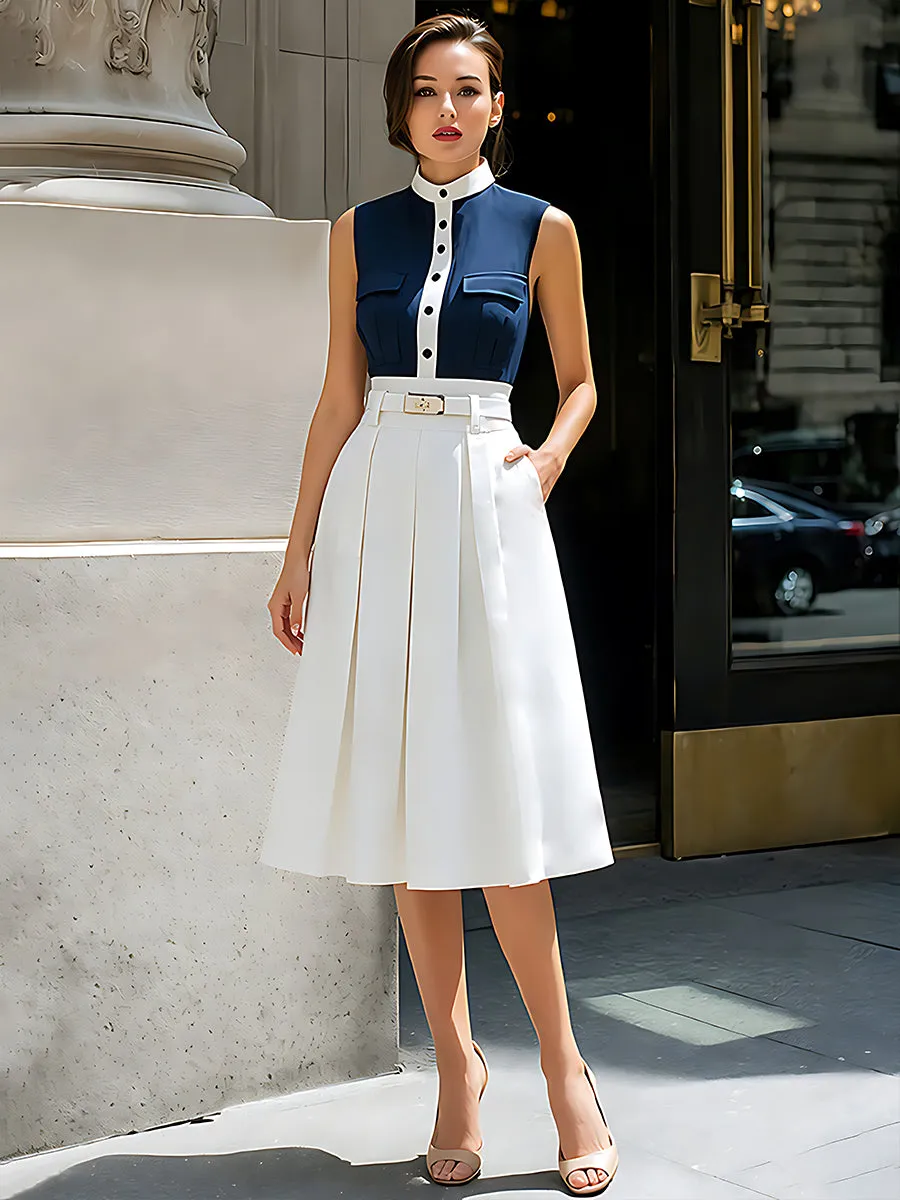 Sleeveless Contrast Bodice Pleated Midi Dress sold by Mooyius product image thumbnail 2