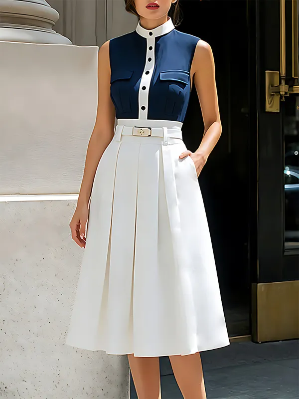 Sleeveless Contrast Bodice Pleated Midi Dress made by Mooyius