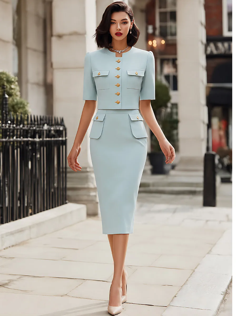 Structured Short Sleeve Woven Jacket Top And Pencil Skirt Set sold by Mooyius product image thumbnail 2
