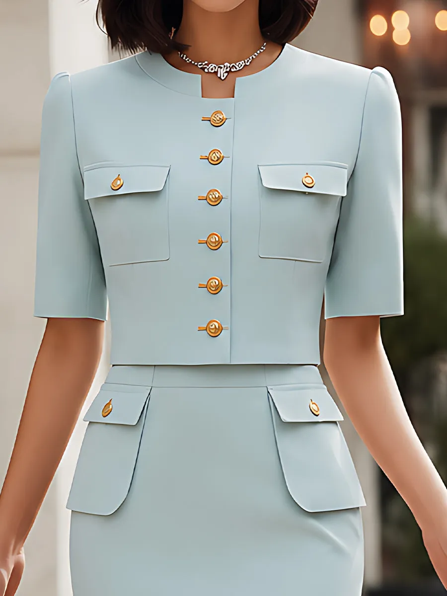 Structured Short Sleeve Woven Jacket Top And Pencil Skirt Set sold by Mooyius product image thumbnail 3