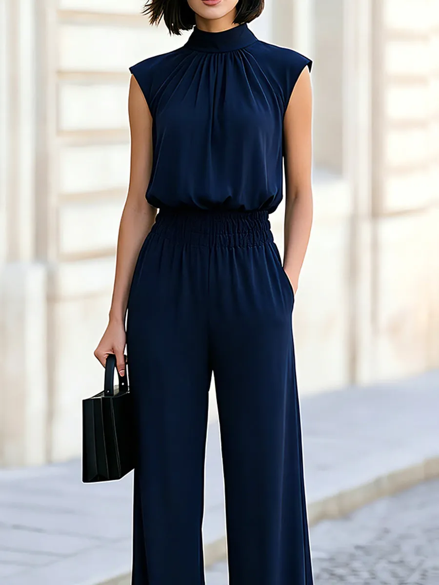 High Neck Gathered Sleeveless Elastic Waist Wide Leg Jumpsuit sold by Mooyius product image thumbnail 3