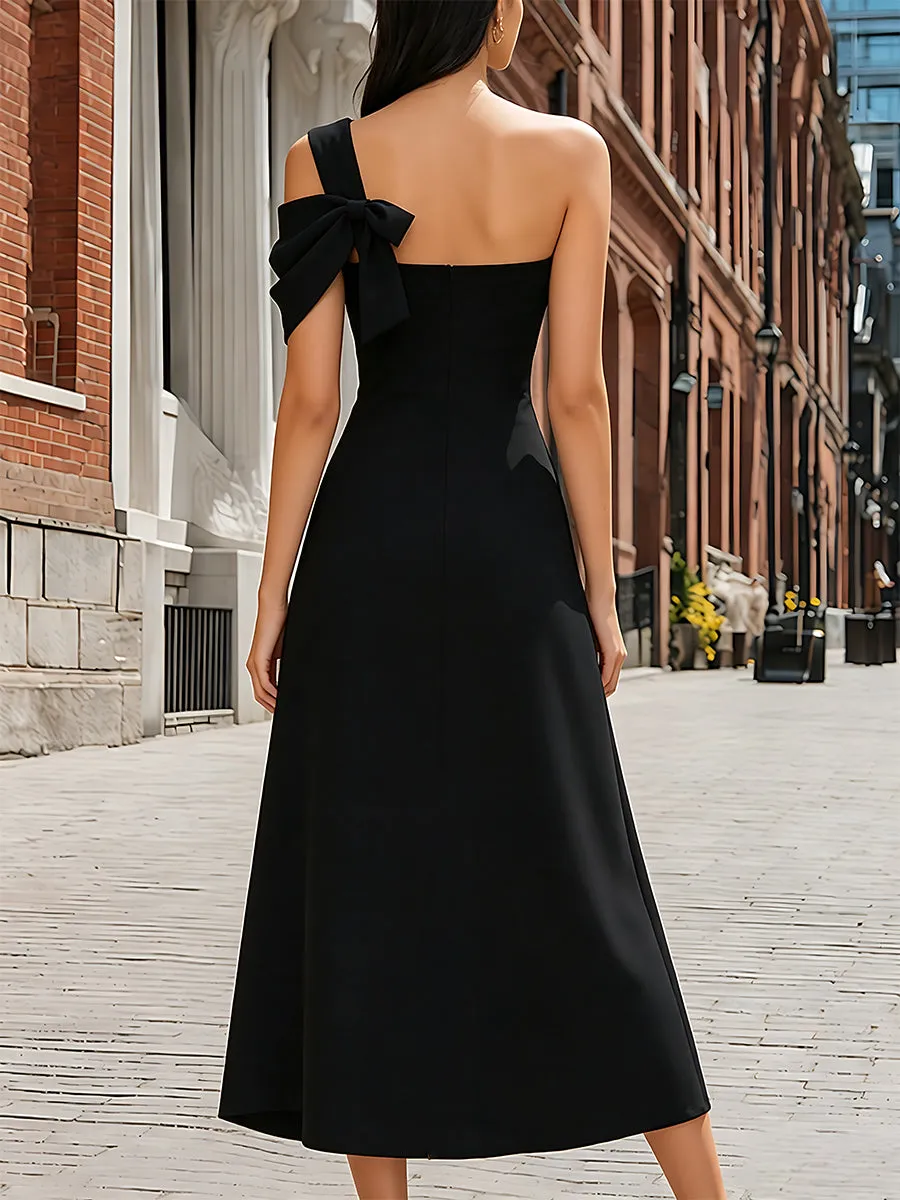 Asymmetric One Shoulder Bow Detail Slit Maxi Dress sold by Mooyius product image thumbnail 4