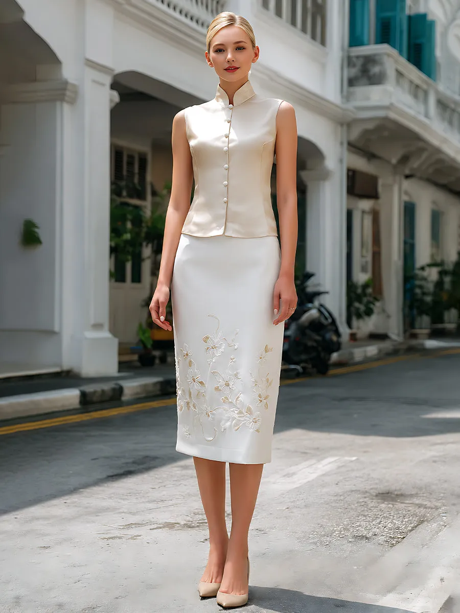Satin Mandarin Collar Sleeveless Top With Embroidered Pencil Skirt Set sold by Mooyius product image thumbnail 2