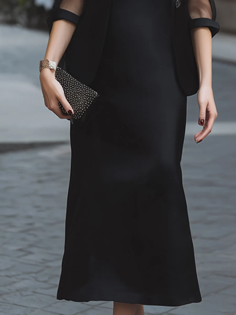 Mesh Sleeve Blazer & Strapless Satin Midi Dress Two-Piece Set sold by Mooyius product image thumbnail 4