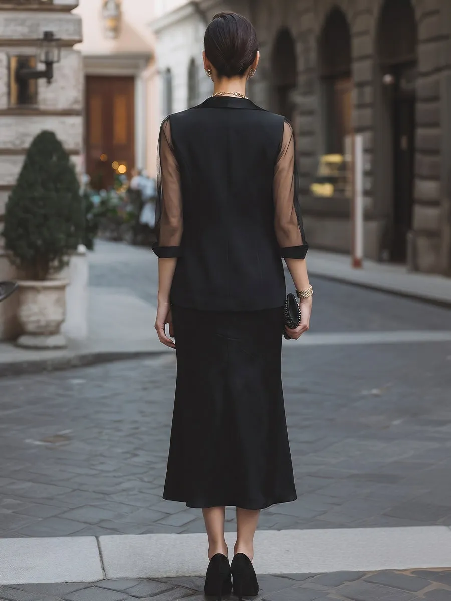 Mesh Sleeve Blazer & Strapless Satin Midi Dress Two-Piece Set sold by Mooyius product image thumbnail 5