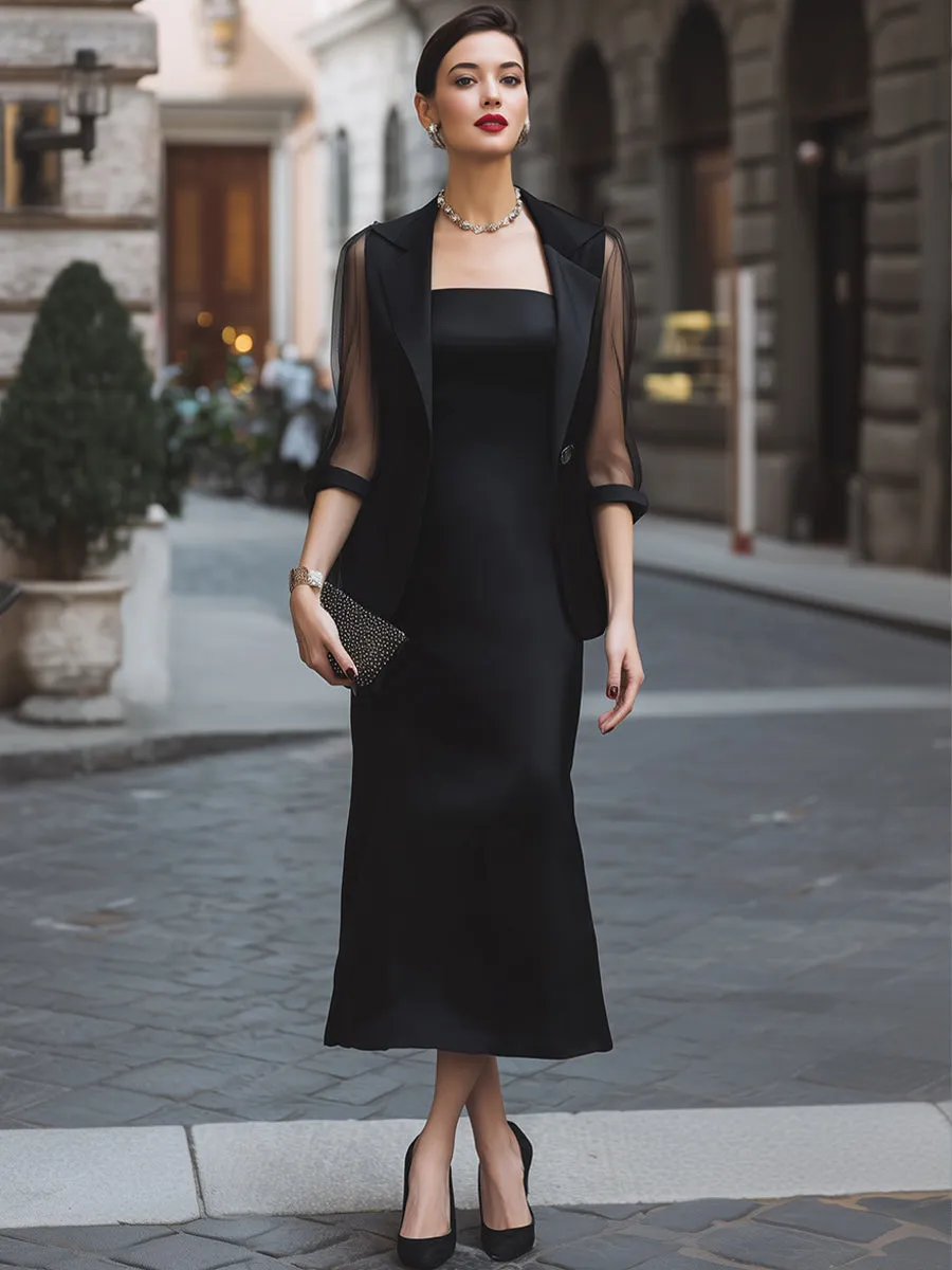 Mesh Sleeve Blazer & Strapless Satin Midi Dress Two-Piece Set sold by Mooyius product image thumbnail 2
