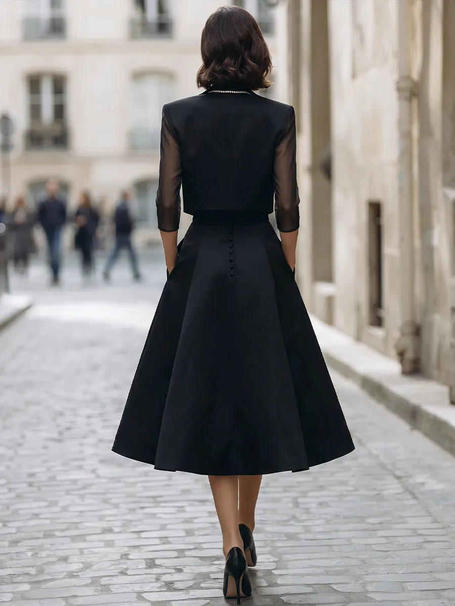 Mesh Sleeve Cropped Blazer & Strapless Satin A-Line Midi Dress Two-Piece sold by Mooyius product image thumbnail 5