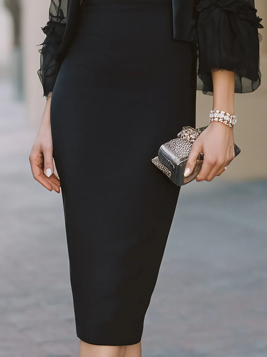 Mesh Ruffle Sleeve Blazer & Round Neck Pencil Midi Dress Two-Piece Set sold by Mooyius product image thumbnail 4