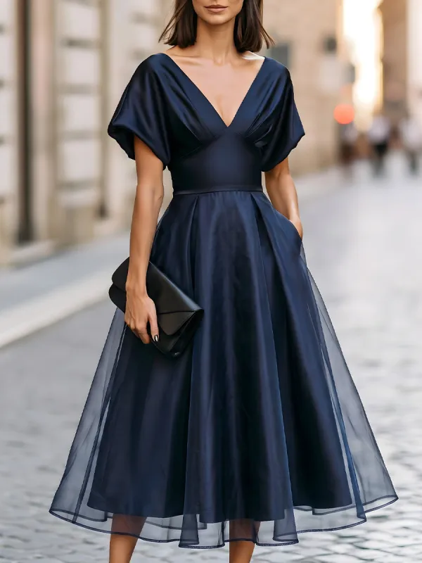 Legant Satin V-Neck Flutter Sleeve Midi Dress In A-Line Silhouette made by Mooyius