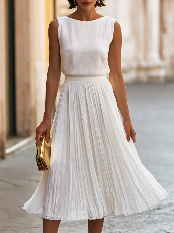 Sleeveless Pleated Chiffon Flowy A-Line Skirt Midi Dress made by Mooyius
