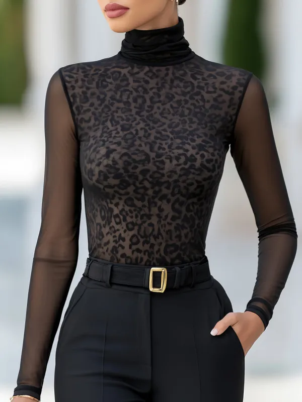Sheer Mesh Leopard Pattern High-Neck Blouse made by Mooyius