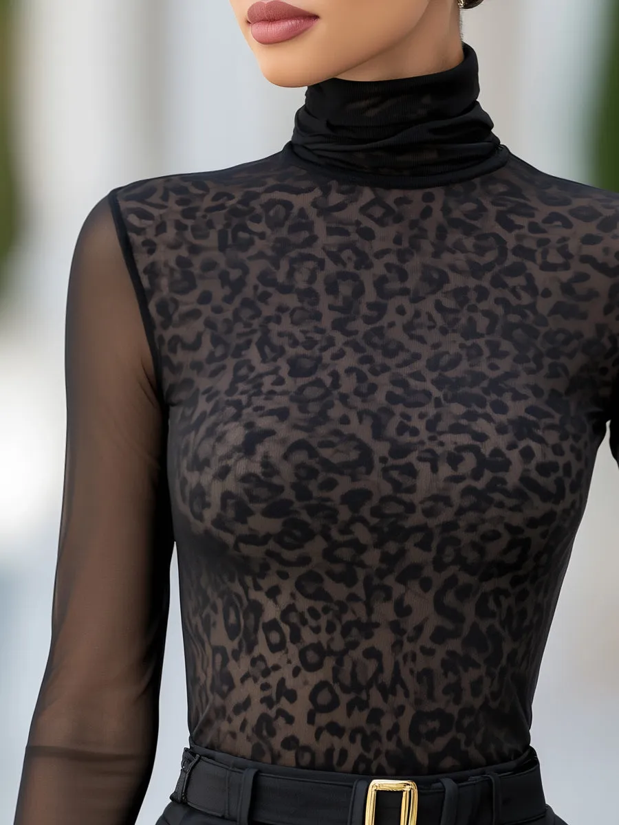 Sheer Mesh Leopard Pattern High-Neck Blouse sold by Mooyius product image thumbnail 2
