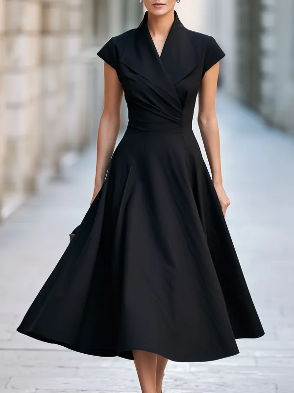 Notched Lapel Cap Sleeve Fit-and-Flare Midi Dress made by Mooyius