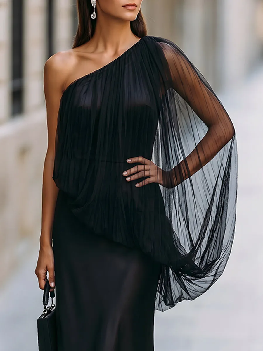 One-Shoulder Tulle Overlay Satin Mermaid Gown sold by Mooyius product image thumbnail 2