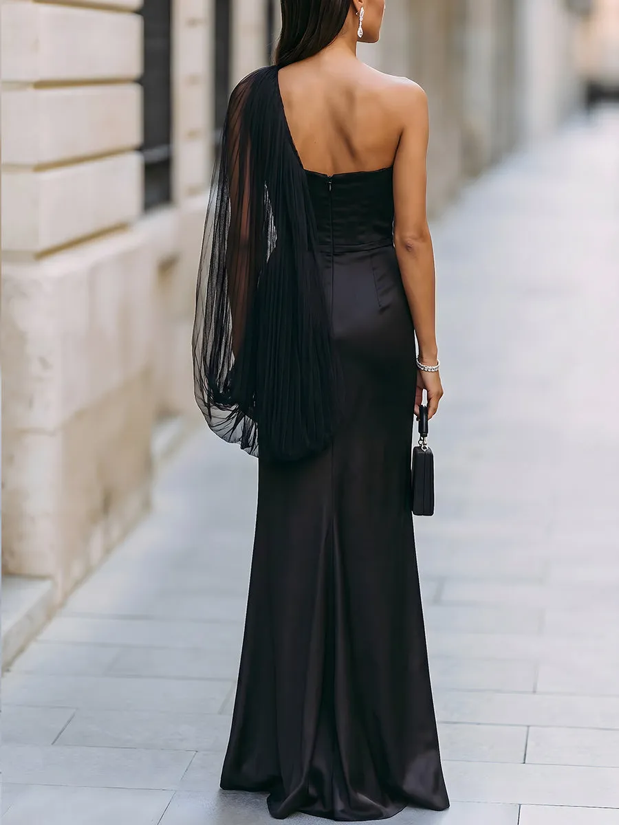 One-Shoulder Tulle Overlay Satin Mermaid Gown sold by Mooyius product image thumbnail 4