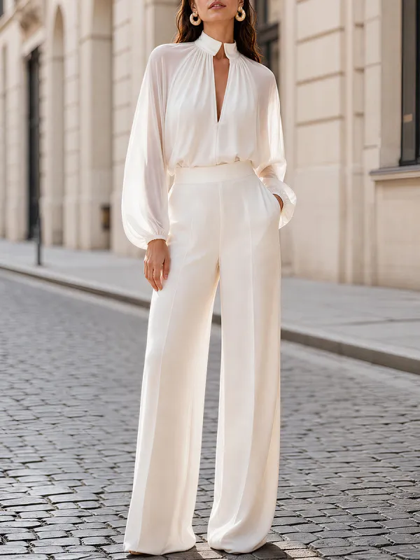 Stand Collar Keyhole Sheer Sleeve Blouse & High Waist Wide Leg Pants Two-Piece Set made by Something Navy