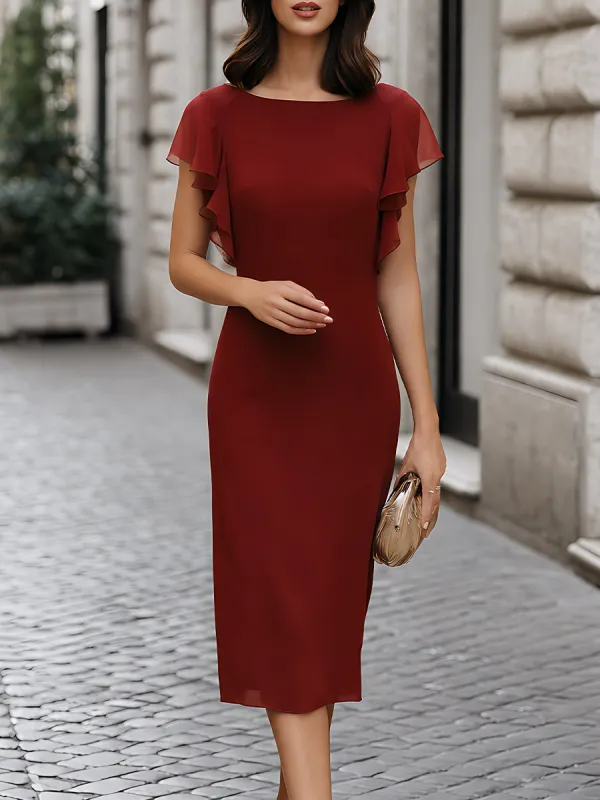 Elegant Boat Neck Sheath Midi Dress Flutter Sleeve Design made by Mooyius
