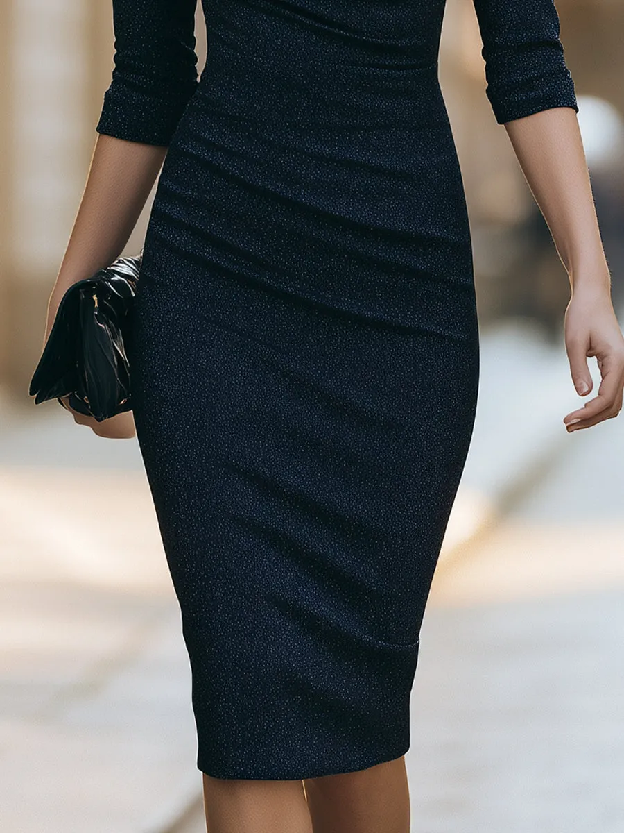 Elegant Navy Draped V-Neck Sheath Midi Dress Three Quarter Sleeve Design sold by Mooyius product image thumbnail 4
