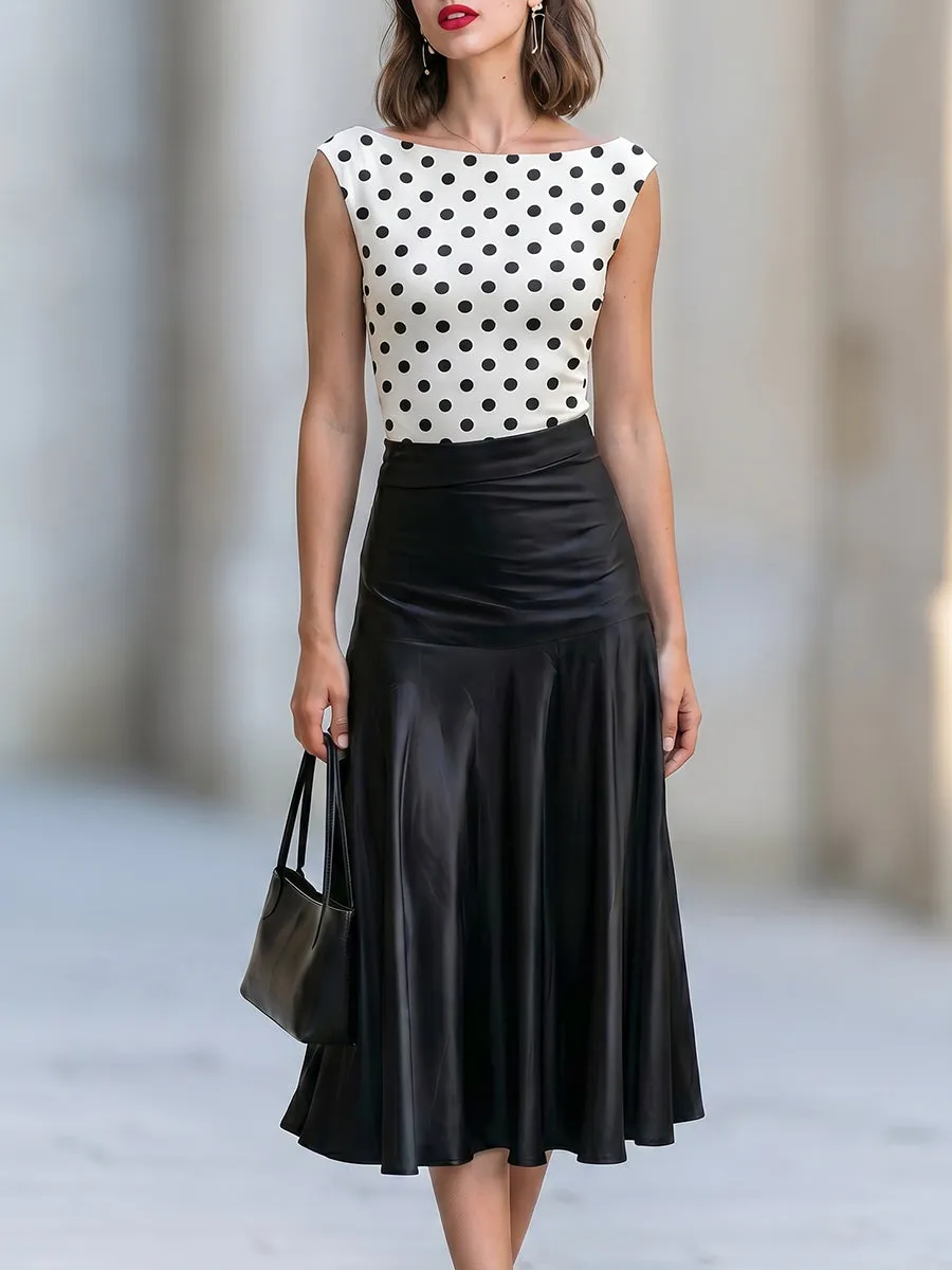 Polka Dot Satin Two-Piece Midi Skirt Set sold by Mooyius