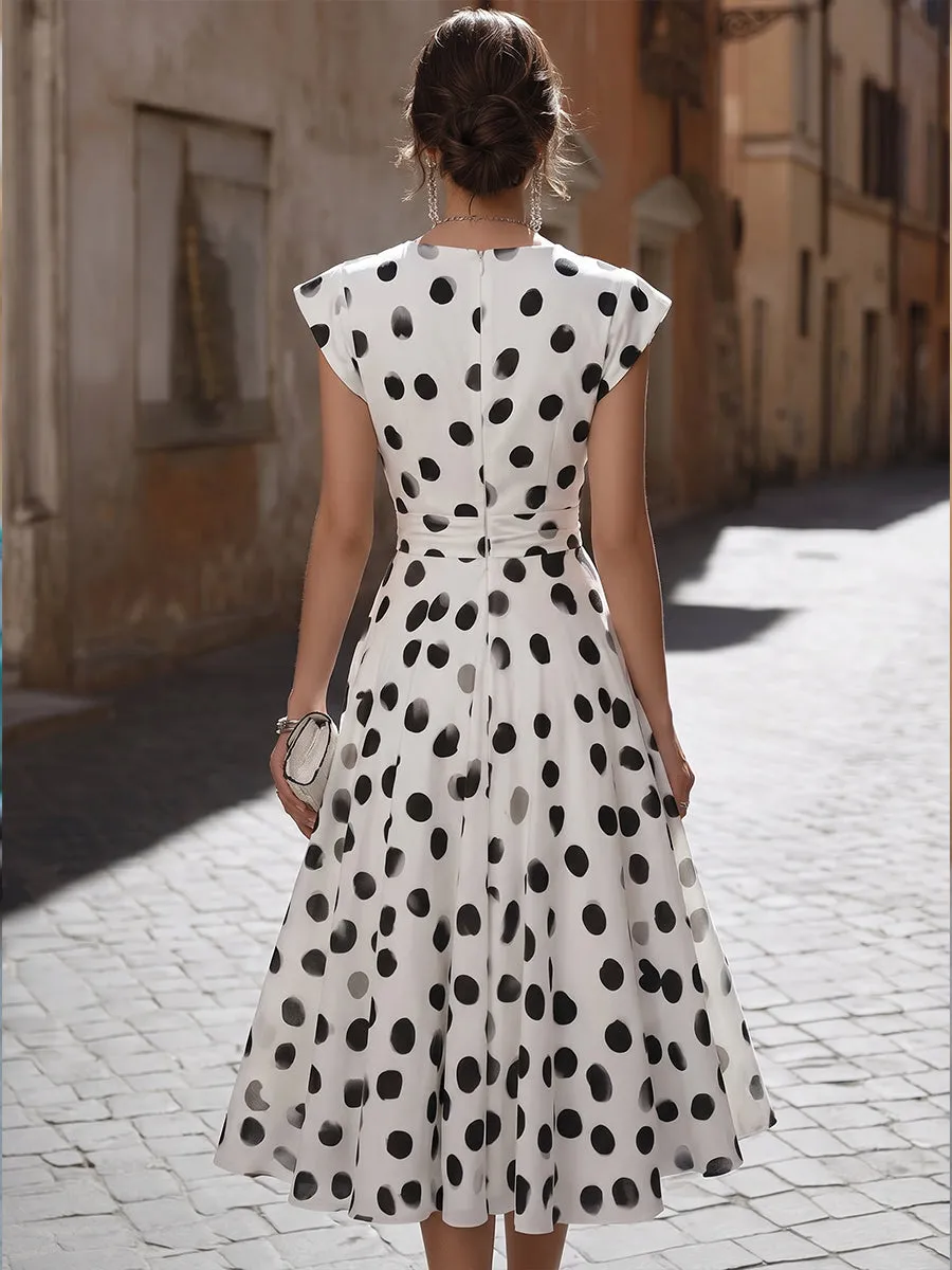 Deep V Wrap Ruched Waist Cap Sleeve Big Polka Dot Flowy Midi Dress sold by Mooyius product image thumbnail 5