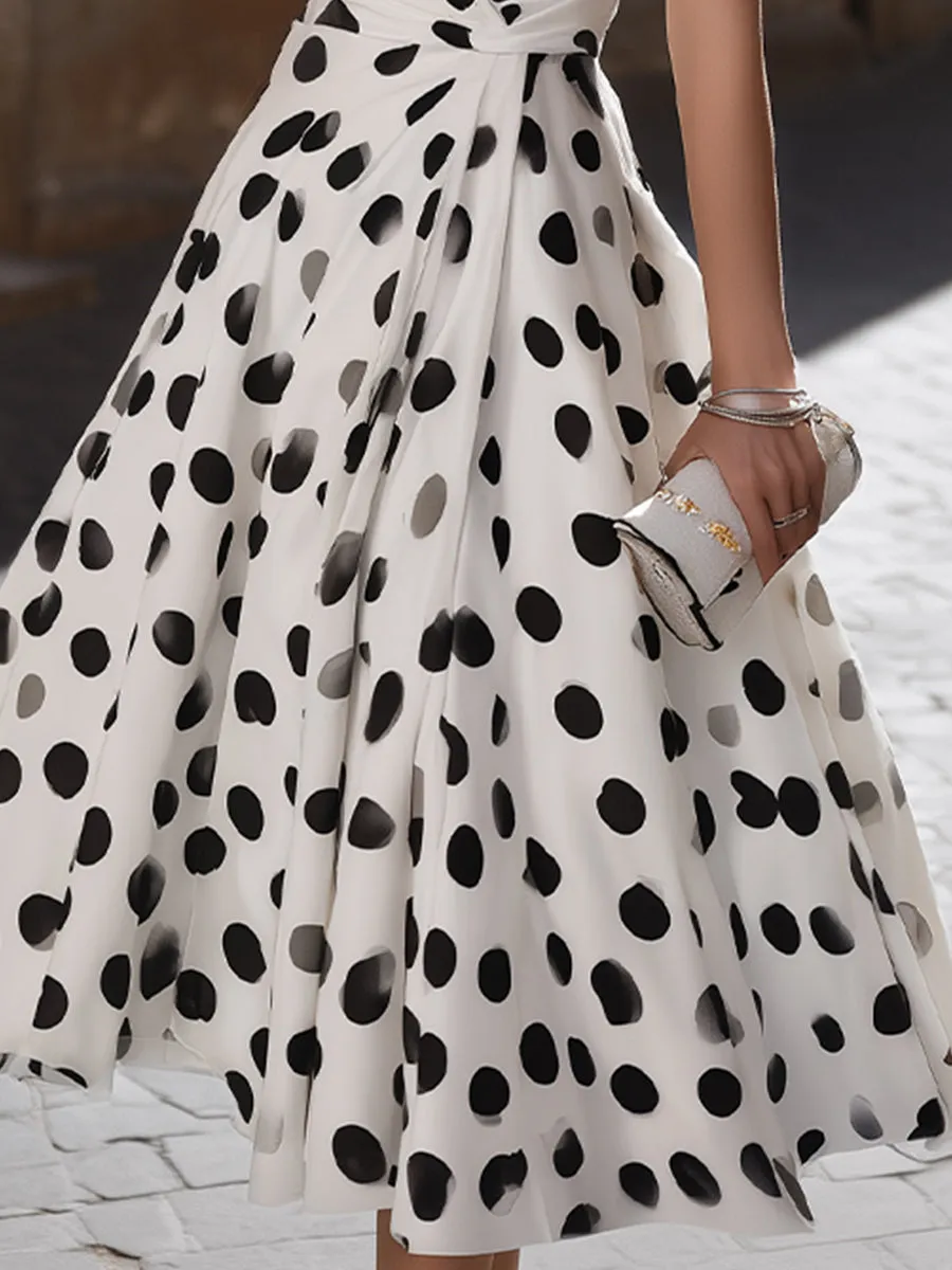 Deep V Wrap Ruched Waist Cap Sleeve Big Polka Dot Flowy Midi Dress sold by Mooyius product image thumbnail 4