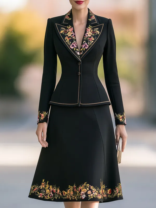Embroidered Floral Peplum Blazer & A-Line Skirt Two-Piece Suit made by Mooyius
