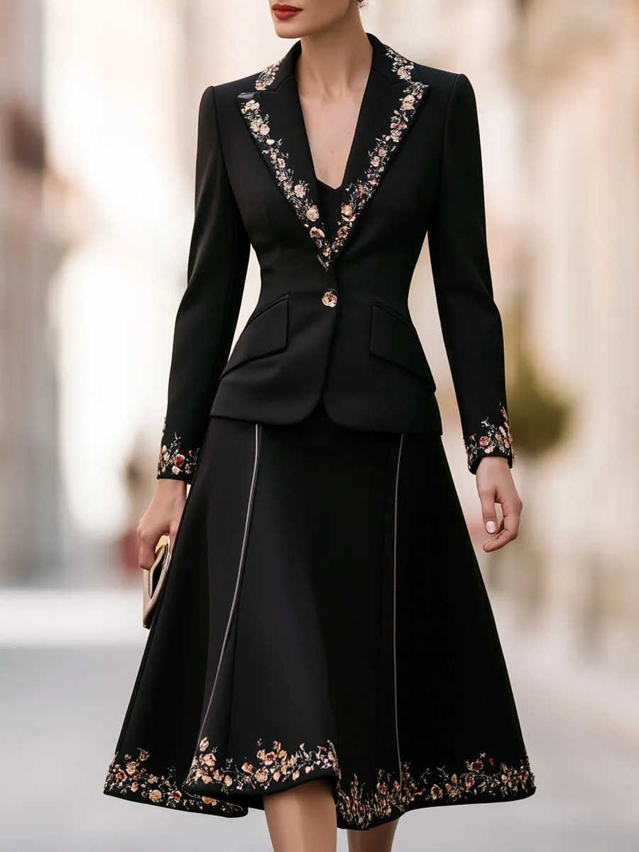 Embroidered Floral Peplum Blazer & A-Line Skirt Two-Piece Suit sold by Mooyius
