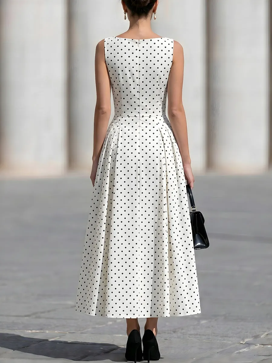 Sleeveless Boat Neck Polka Dot Fit-and-Flare Midi Dress sold by Mooyius product image thumbnail 4