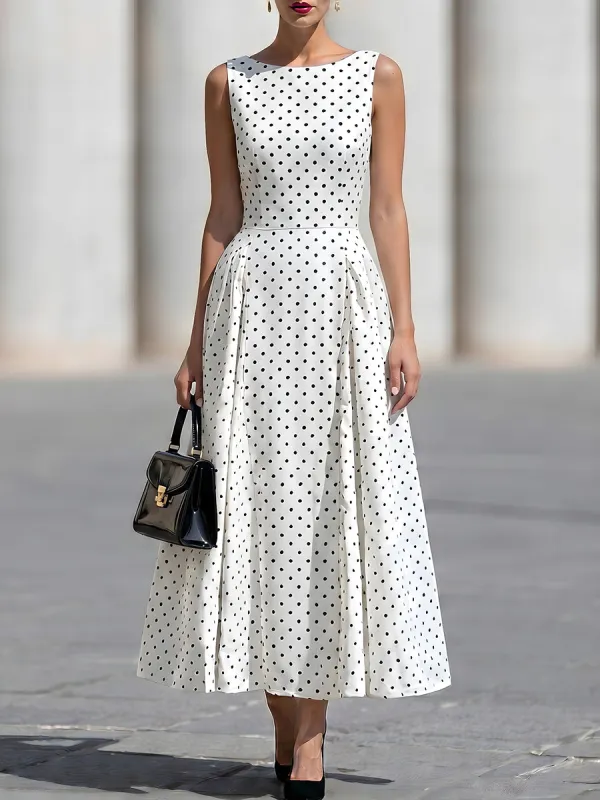 Sleeveless Boat Neck Polka Dot Fit-and-Flare Midi Dress made by Mooyius