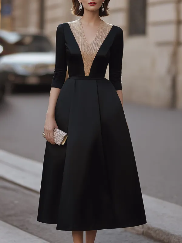 Contrast Gold Glitter V-Neck Three-Quarter Sleeve Full A-Line Midi Dress made by Mooyius
