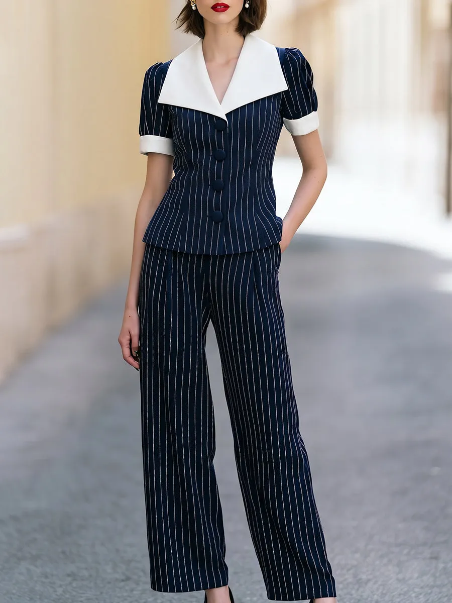Navy Blue Pinstripe Two-Piece Suit sold by Mooyius