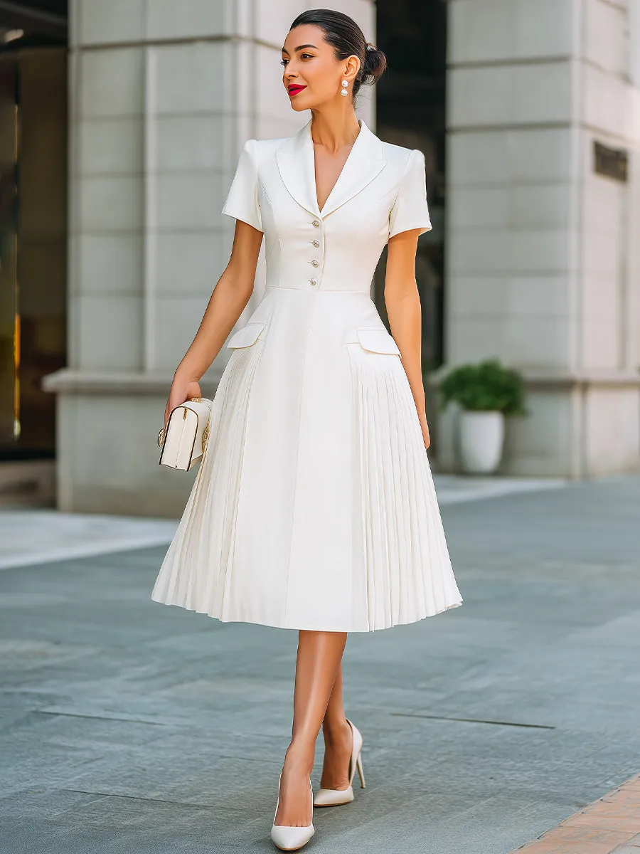 Notched-Lapel Pleated A-Line Midi Dress sold by Mooyius product image thumbnail 2