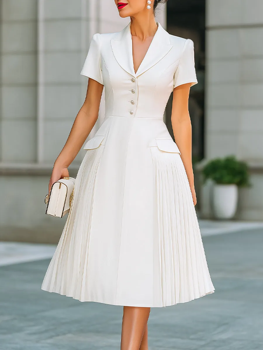 Notched-Lapel Pleated A-Line Midi Dress sold by Mooyius