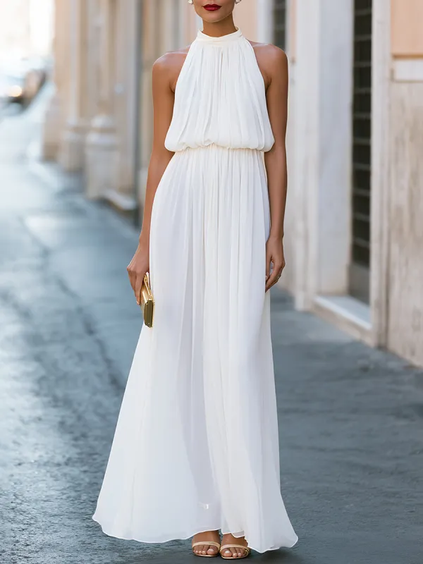 Pleated Halter Neck Ruched Waist Chiffon Maxi Dress made by Mooyius