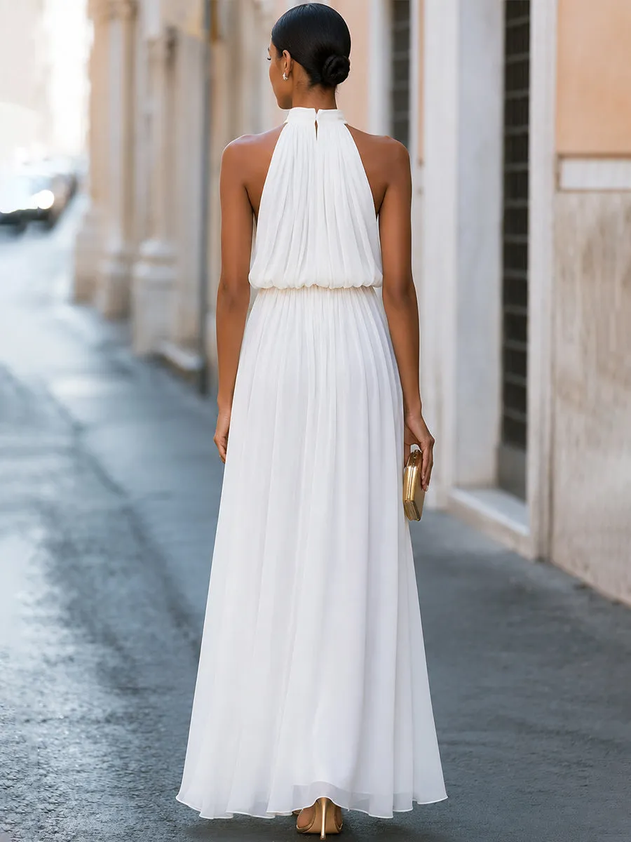 Pleated Halter Neck Ruched Waist Chiffon Maxi Dress sold by Mooyius product image thumbnail 5