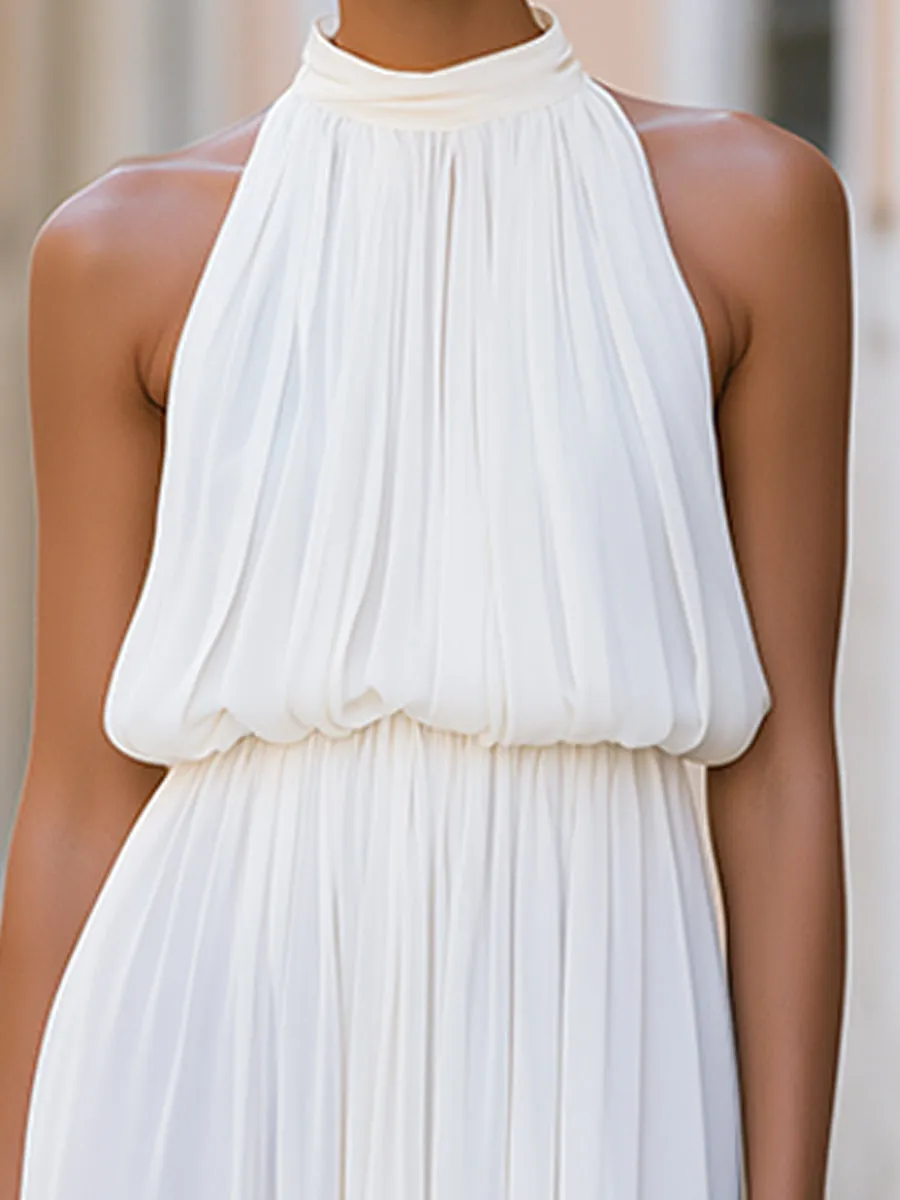 Pleated Halter Neck Ruched Waist Chiffon Maxi Dress sold by Mooyius product image thumbnail 3