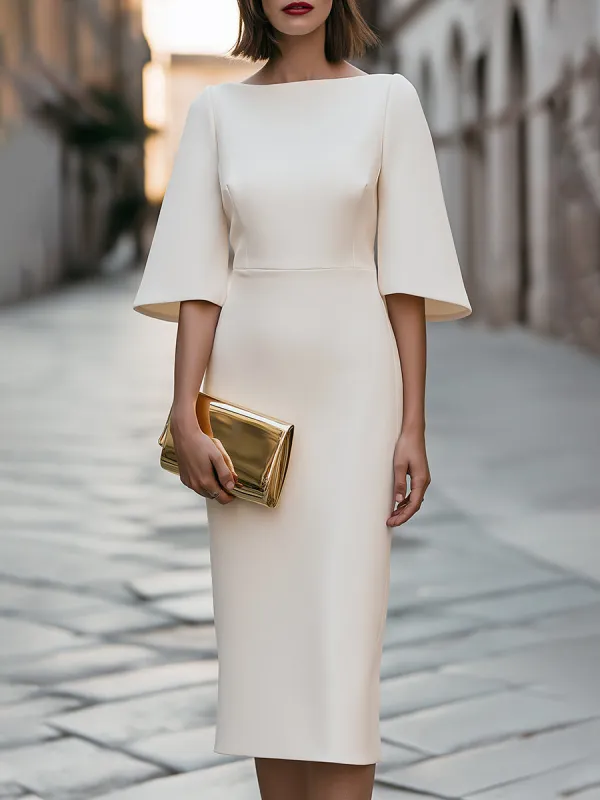 Elegant Boat Neck Midi Dress With Flared Bell Sleeves made by Mooyius