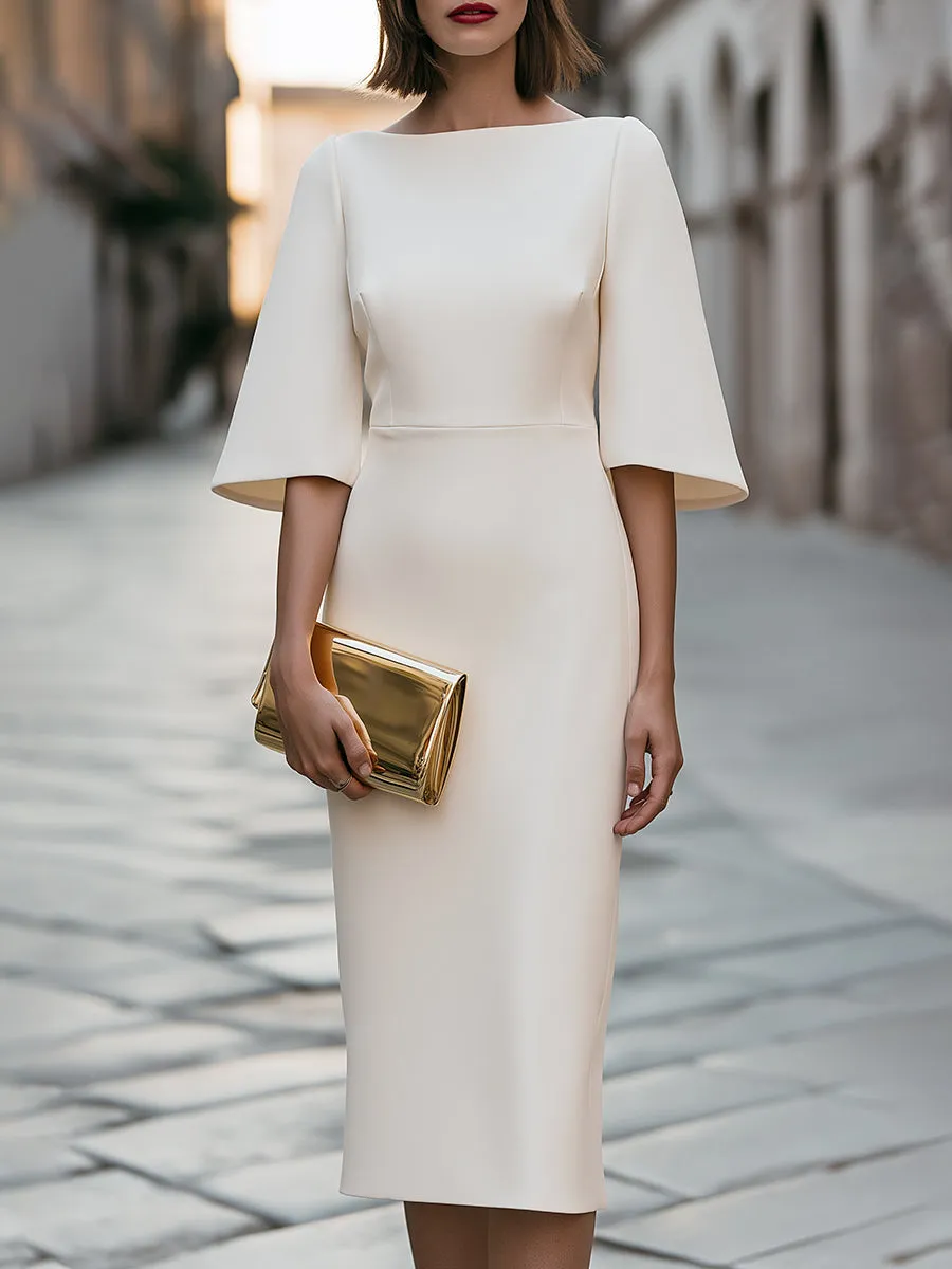 Elegant Boat Neck Midi Dress With Flared Bell Sleeves sold by Mooyius