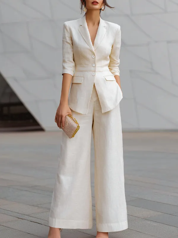Tailored Linen Blazer And Wide-Leg Trousers Two-Piece Set made by Mooyius
