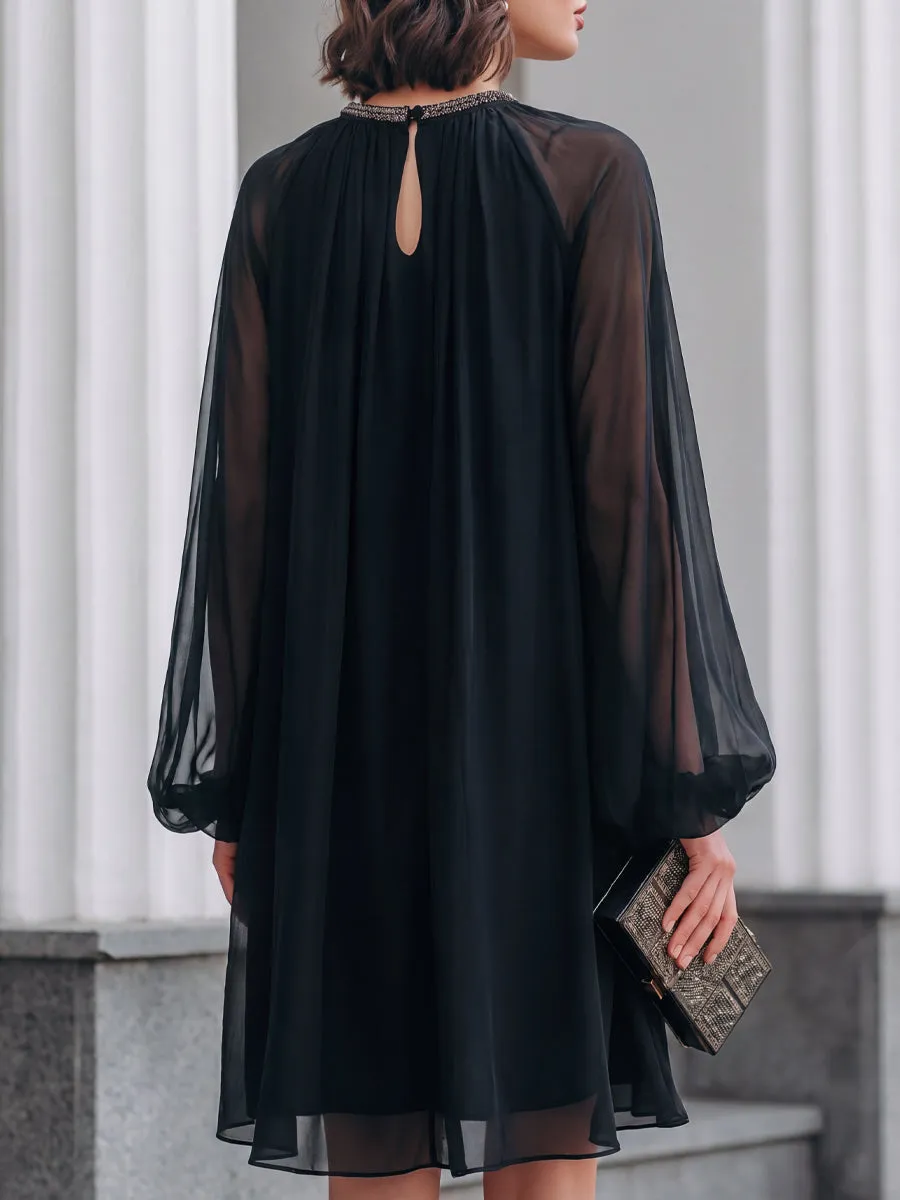 Sheer Chiffon Long Sleeve Smocked Neck Mini Dress sold by Mooyius product image thumbnail 4