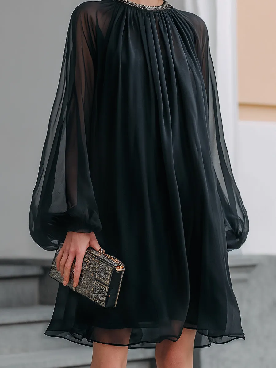 Sheer Chiffon Long Sleeve Smocked Neck Mini Dress sold by Mooyius product image thumbnail 3