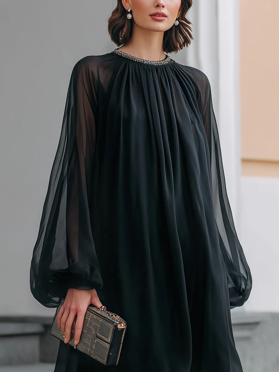 Sheer Chiffon Long Sleeve Smocked Neck Mini Dress sold by Mooyius product image thumbnail 2