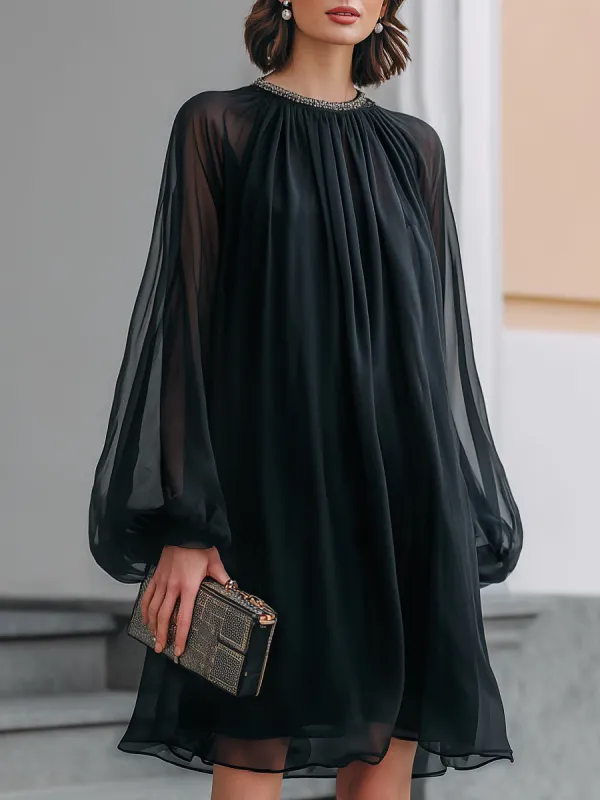 Sheer Chiffon Long Sleeve Smocked Neck Mini Dress made by Mooyius