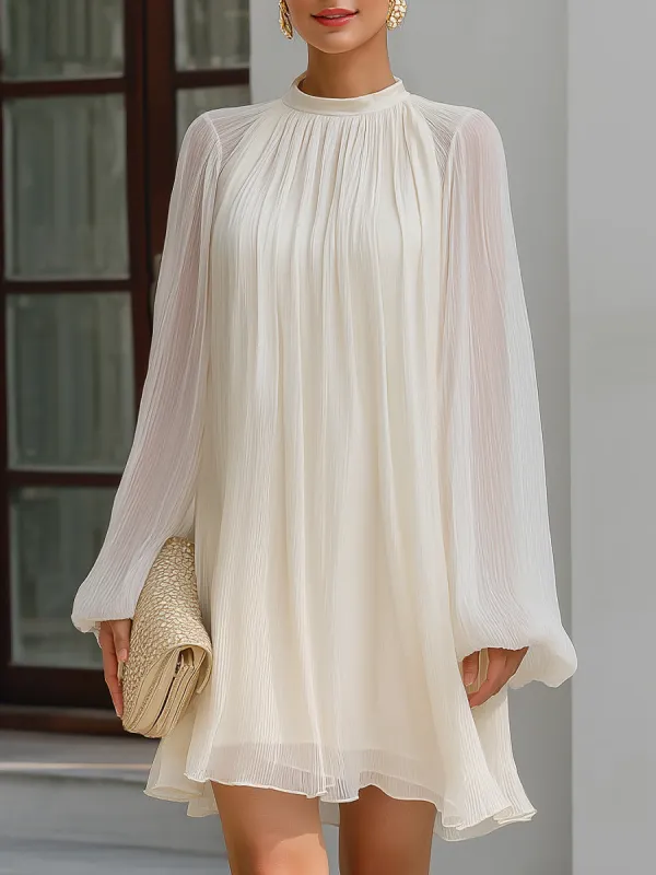 Pleated Chiffon High Neck Long Sleeve Mini Dress made by Mooyius