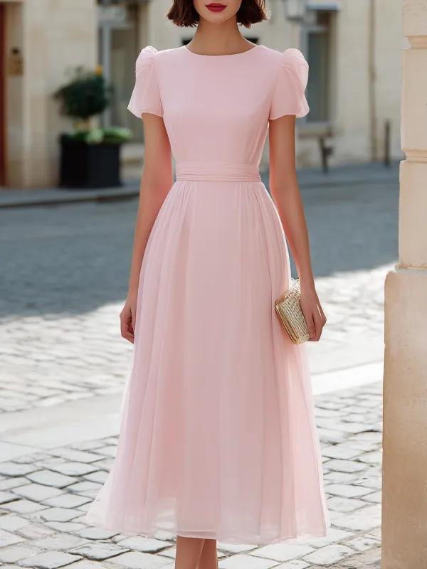 Puff Short Sleeve A-Line Chiffon Midi Dress made by Mooyius