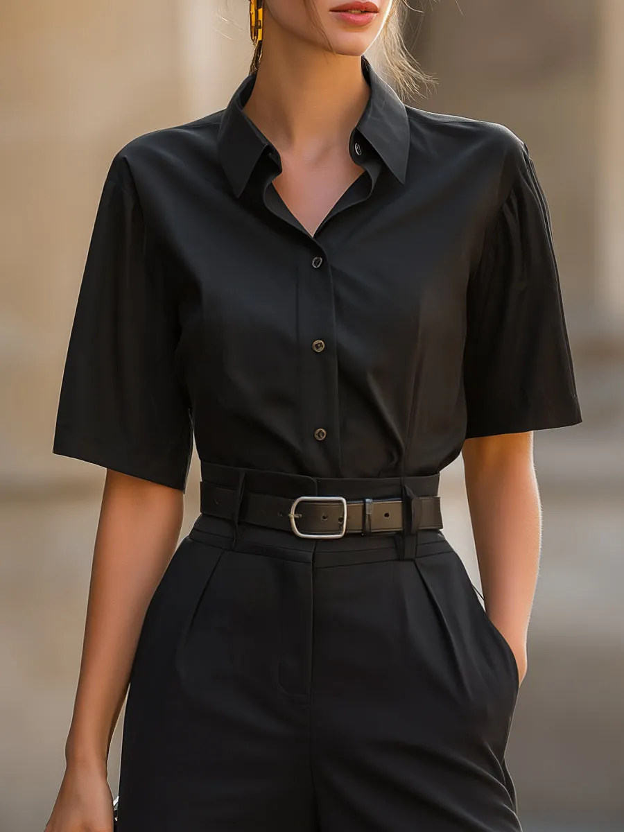 Belted Cotton Short Sleeve Shirt And Wide-Leg Culotte Set sold by Mooyius product image thumbnail 2